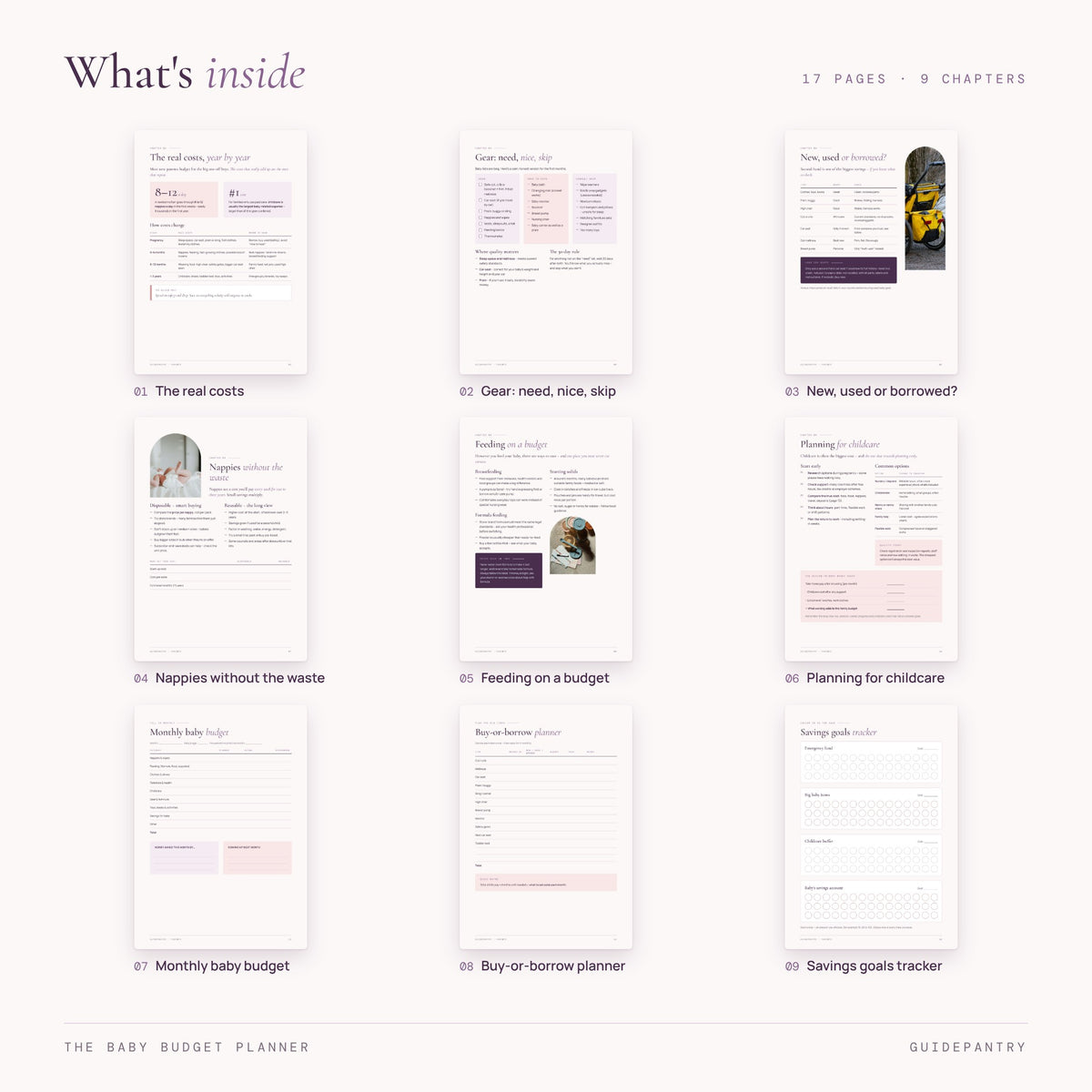 Inside pages of the baby budget planner – real costs, gear list, second-hand guide, nappies, feeding, childcare, monthly budget and savings tracker