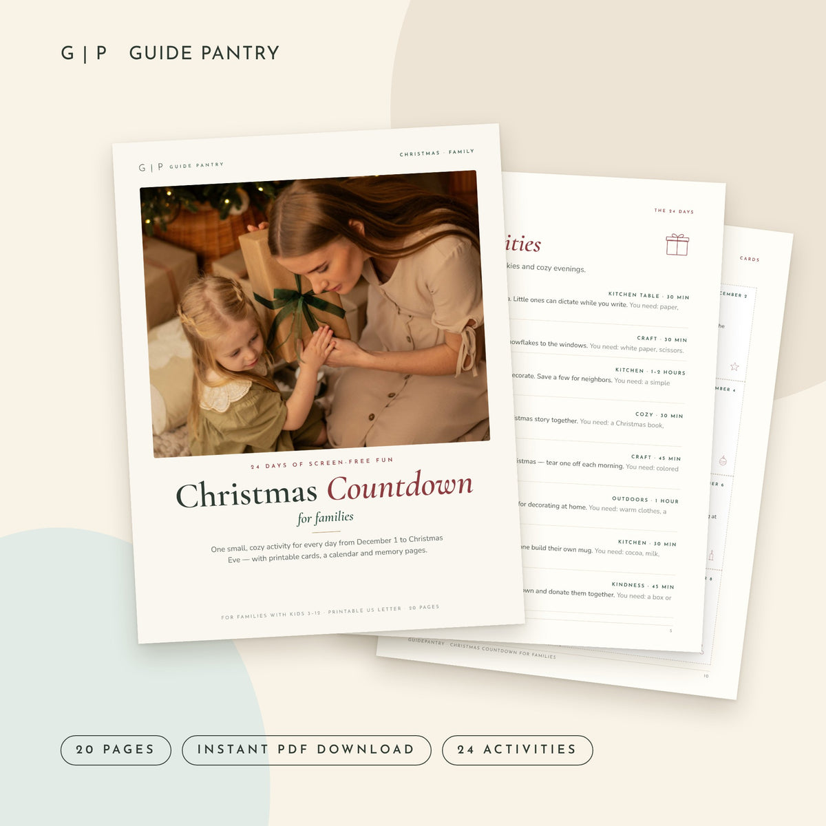 Christmas Countdown for Families printable PDF cover with mother and daughter opening a gift by the tree