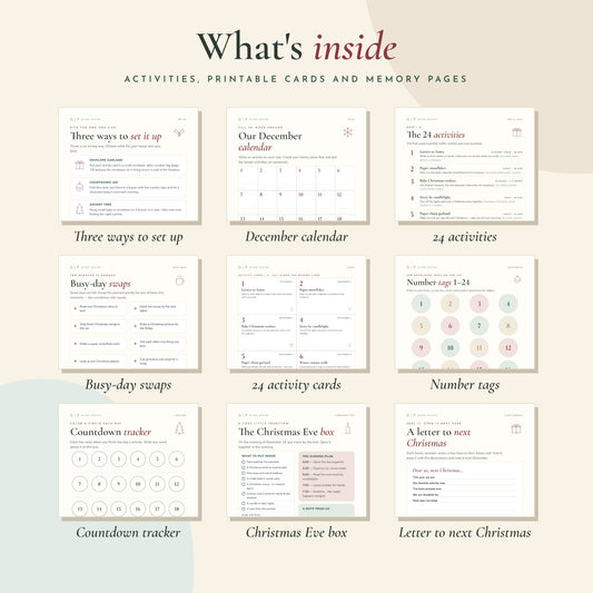 Inside pages – setup ideas, December calendar, 24 activities, activity cards, number tags, countdown tracker, Christmas Eve box and letter to next Christmas