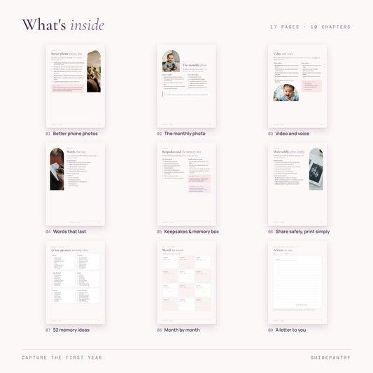 Inside pages of the baby first year memory guide – phone photos, monthly photo, video and voice, words, keepsakes, 52 ideas, month-by-month pages and letter to baby