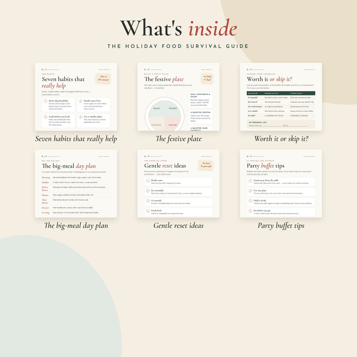 What's inside The Holiday Food Survival Guide – preview of the printable pages