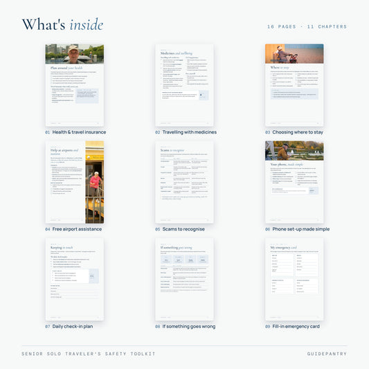 Inside pages of the carry-on packing guide – capsule rule, airline size limits, bag choice, capsule wardrobe, packing methods, liquids, packing lists and printable checklist