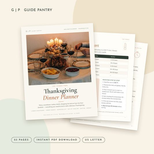 Thanksgiving Dinner Planner printable PDF cover with turkey illustration and roasting chart pages