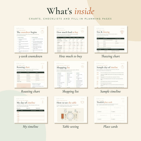 Inside pages of the Thanksgiving planner – countdown, food quantity guide, turkey thawing and roasting charts, shopping list, timeline, table setting and place cards