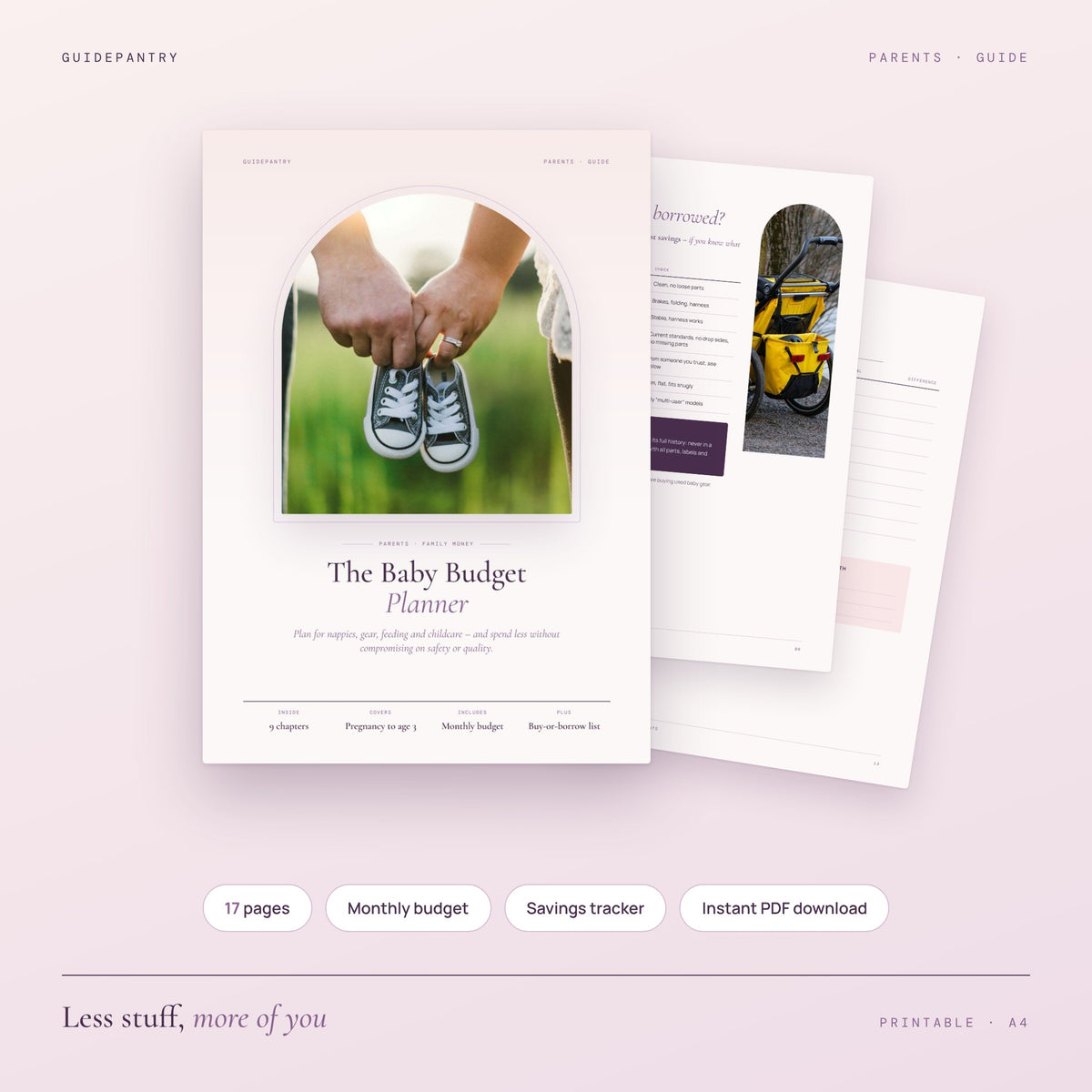 The Baby Budget Planner printable guide cover with parents holding tiny baby shoes