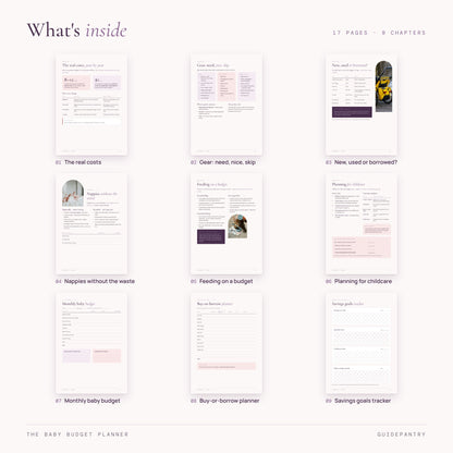 Inside pages of the baby budget planner – real costs, gear list, second-hand guide, nappies, feeding, childcare, monthly budget and savings tracker