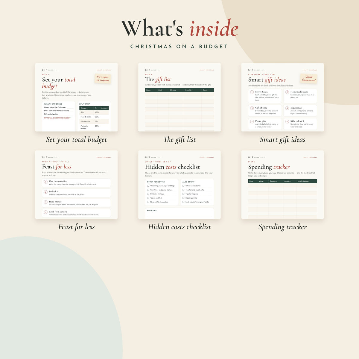 What's inside Christmas on a Budget – preview of the printable pages