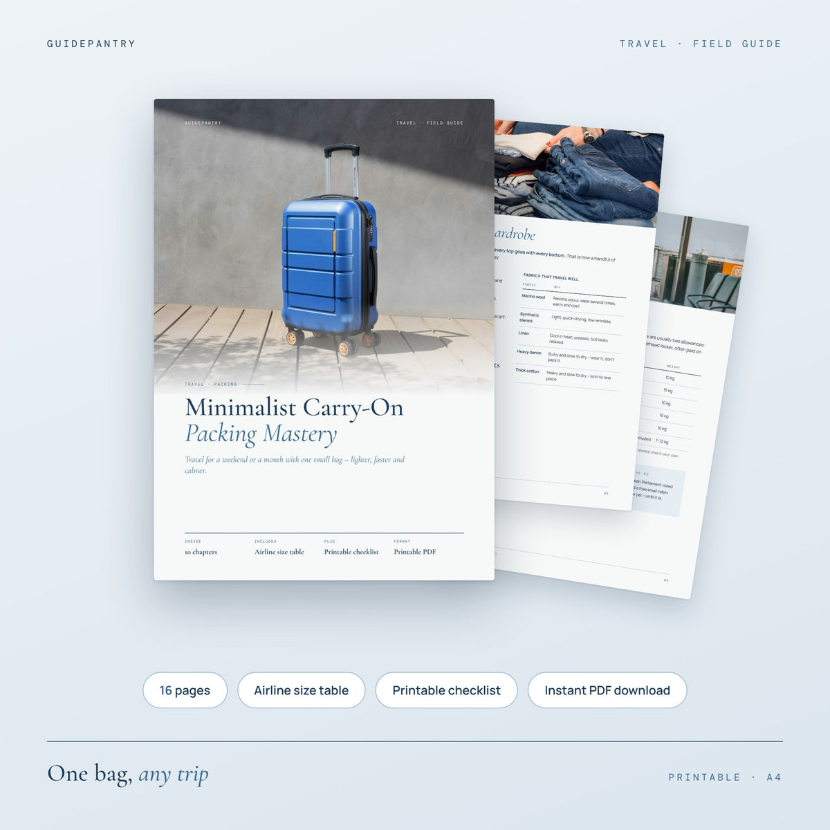 Minimalist Carry-On Packing Mastery printable PDF cover with a blue cabin suitcase and inside pages
