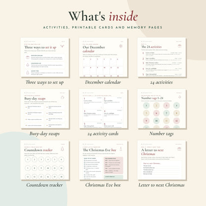 Inside pages – setup ideas, December calendar, 24 activities, activity cards, number tags, countdown tracker, Christmas Eve box and letter to next Christmas