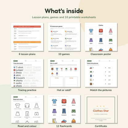 Clothes worksheets, flashcards and lesson plans preview