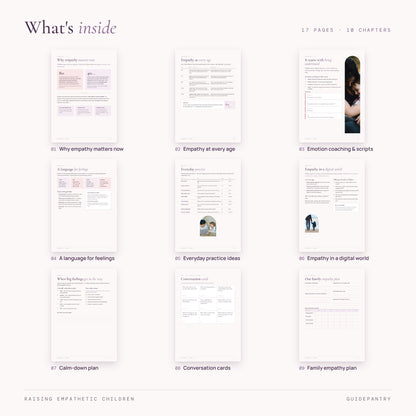 nside pages of the empathy parenting guide – empathy by age, emotion coaching, feelings words, activities, digital world, calm-down plan, conversation cards and family plan