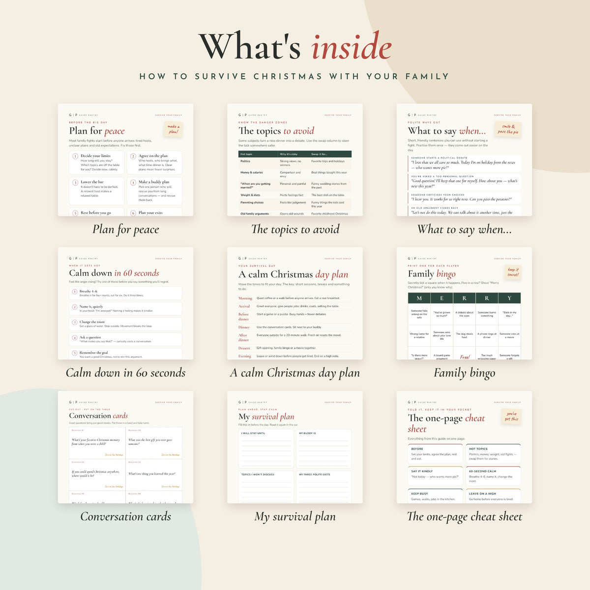 What's inside How to Survive Christmas with Your Family – preview of the printable pages.