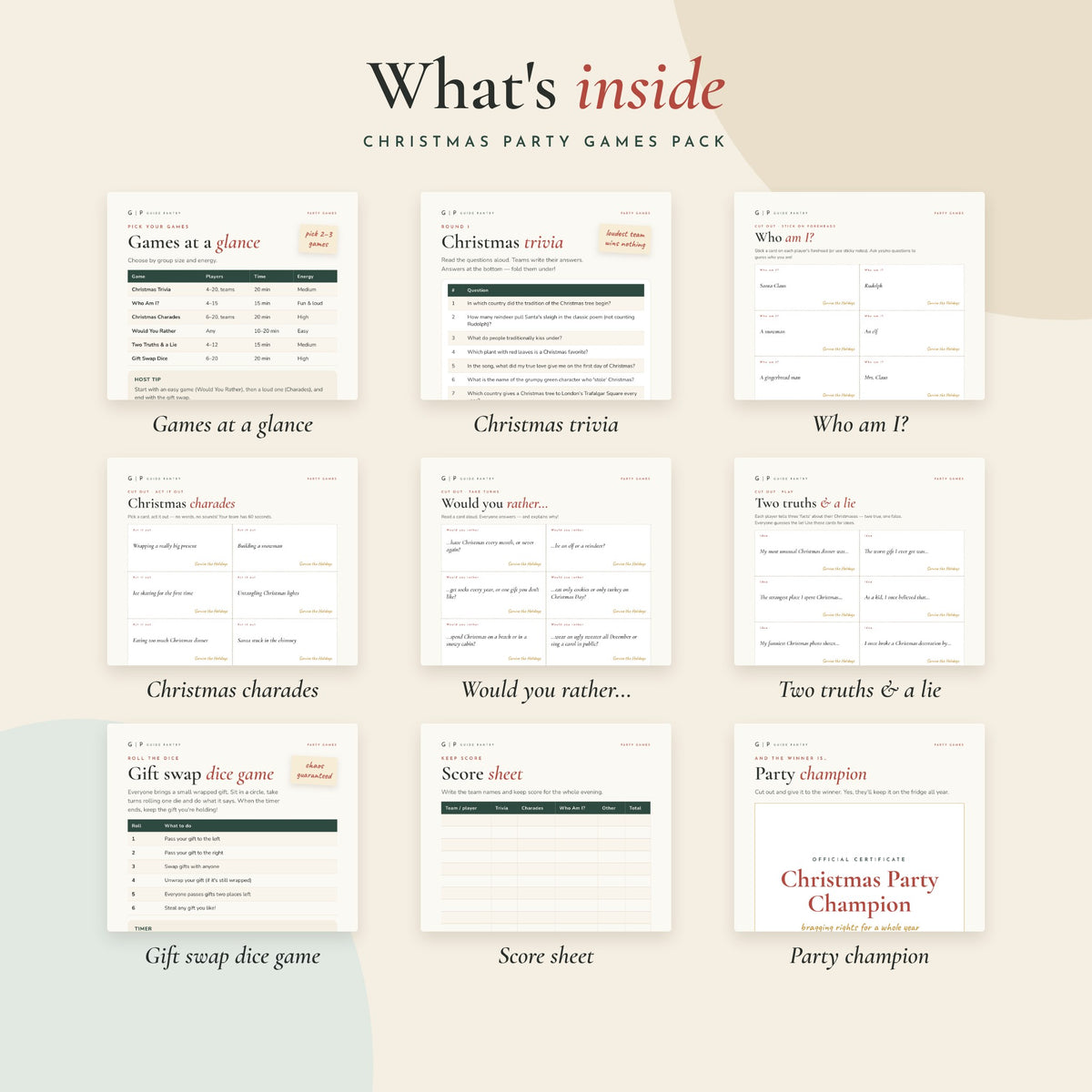 What's inside Christmas Party Games Pack – preview of the printable pages