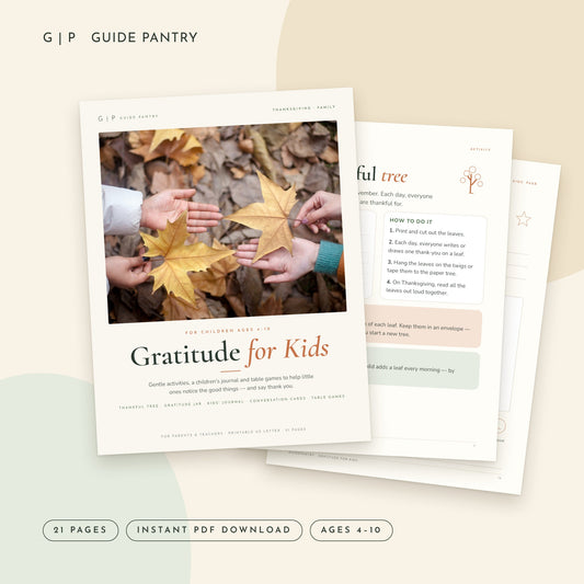 Gratitude for Kids printable PDF cover with thankful tree and gratitude jar illustrations.
