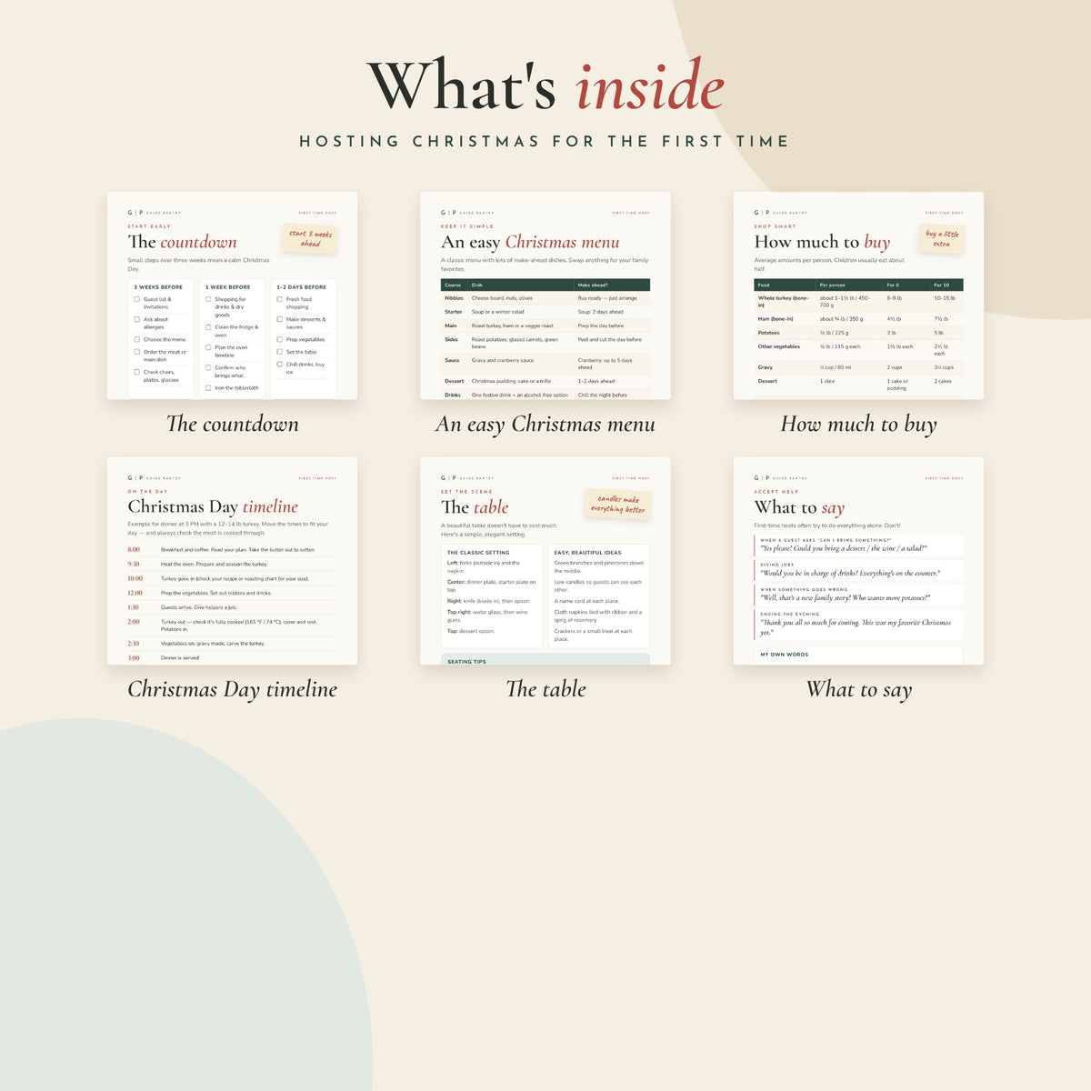 What's inside Hosting Christmas for the First Time – preview of the printable pages
