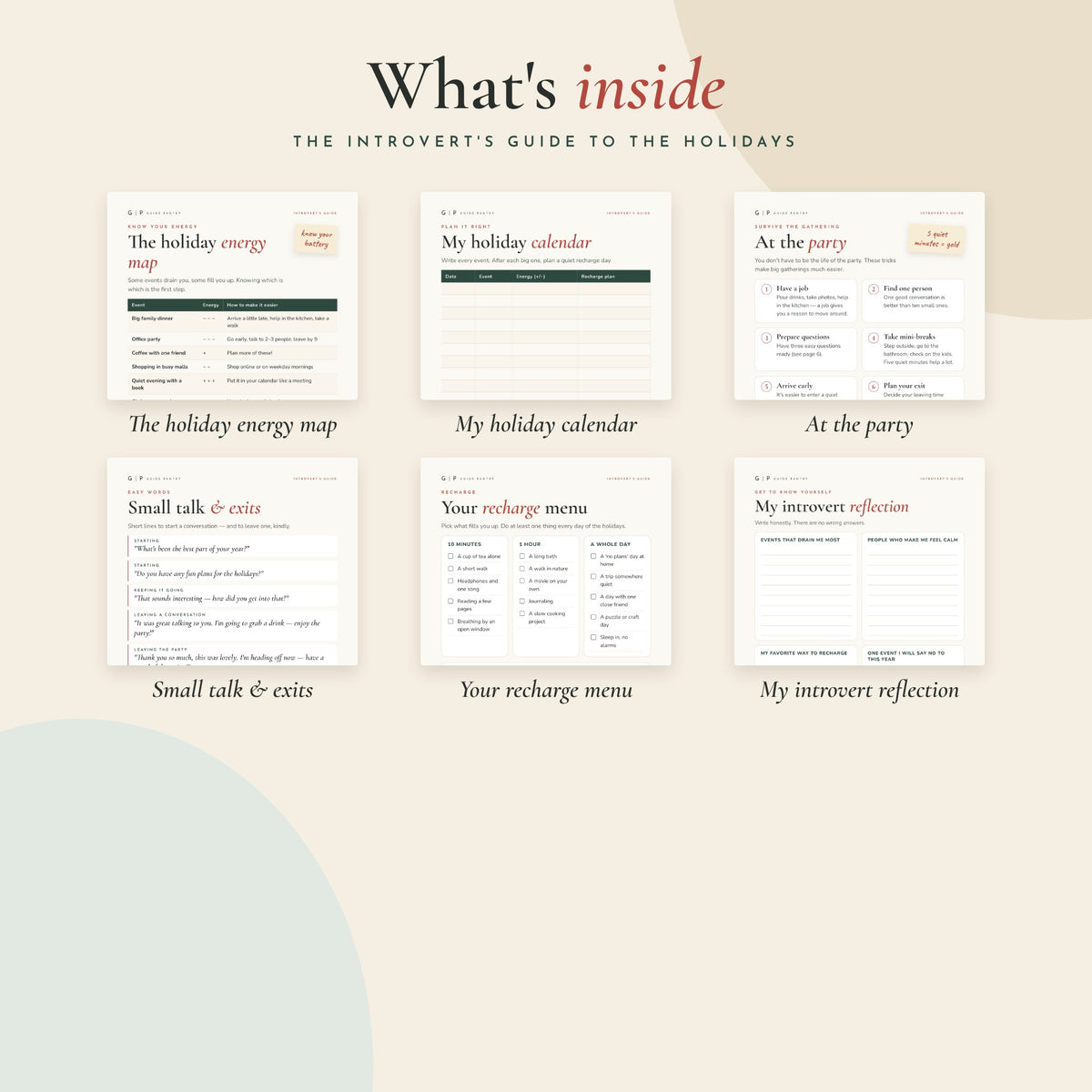 What's inside The Introvert's Guide to the Holidays – preview of the printable pages
