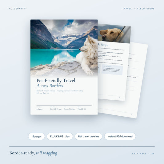 Pet-Friendly Travel Across Borders printable PDF cover with a white dog by a turquoise mountain lake