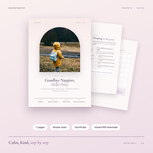 Goodbye Nappies, Hello Potty printable potty training guide cover with a toddler in a yellow coat and backpack
