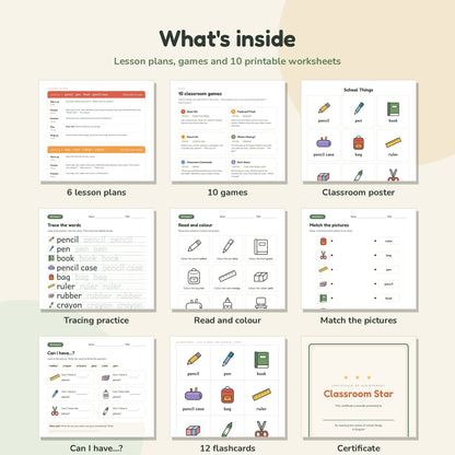 Classroom Objects worksheets, flashcards and lesson plans preview