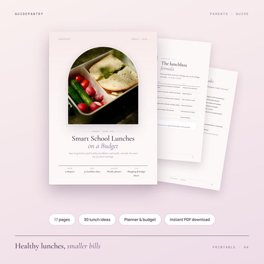 Smart School Lunches on a Budget printable guide cover with a lunchbox of sandwiches, cucumber and tomatoes

