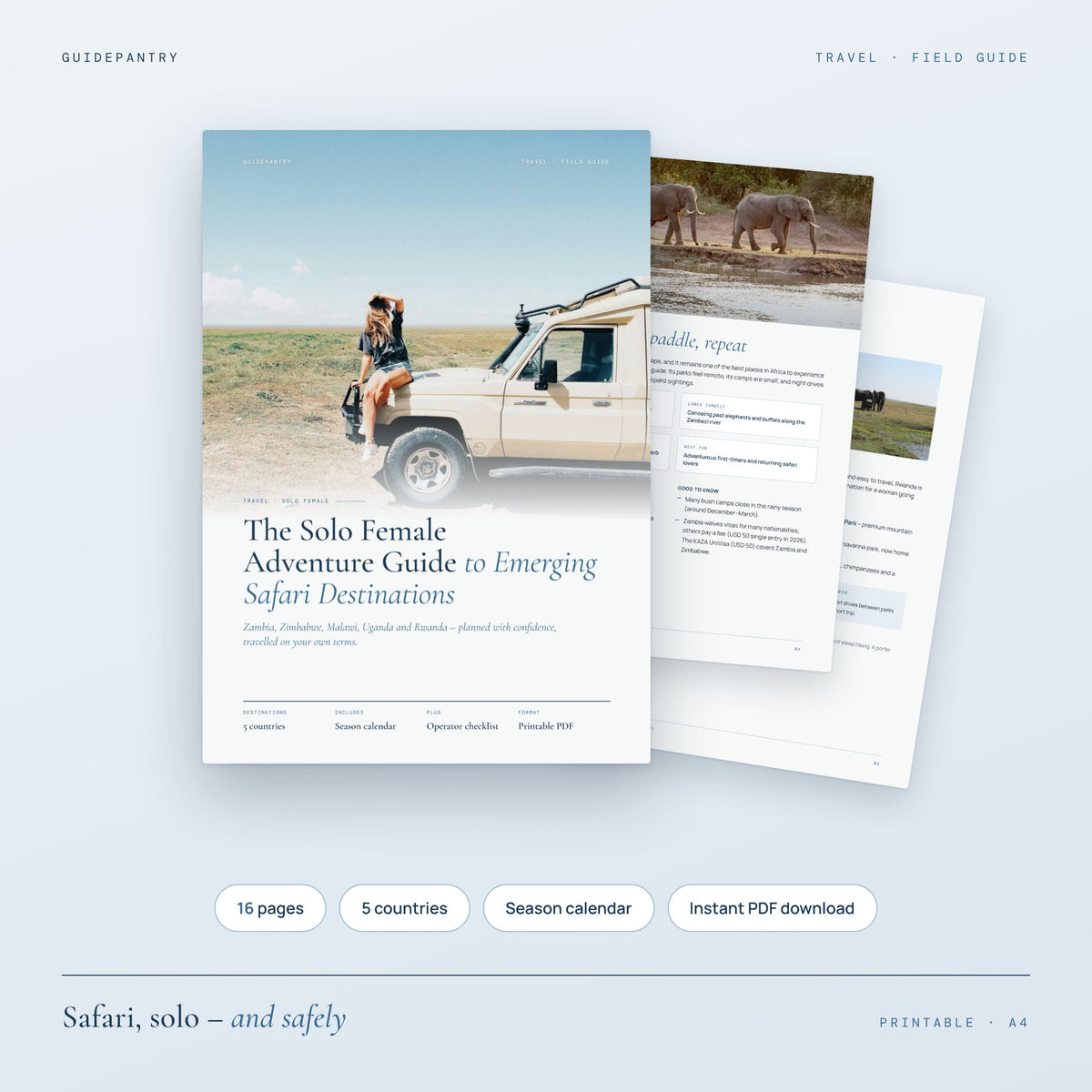 Solo Female Adventure Guide to Emerging Safari Destinations printable PDF cover with a woman on a safari vehicle
