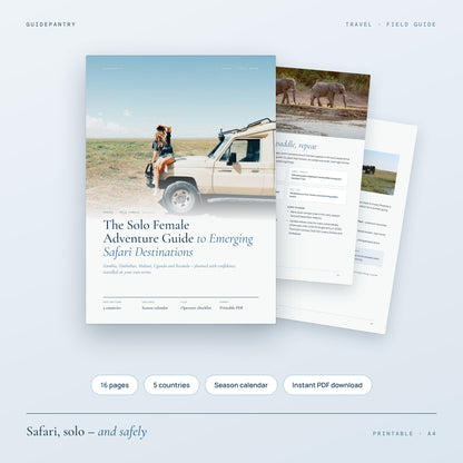 Solo Female Adventure Guide to Emerging Safari Destinations printable PDF cover with a woman on a safari vehicle
