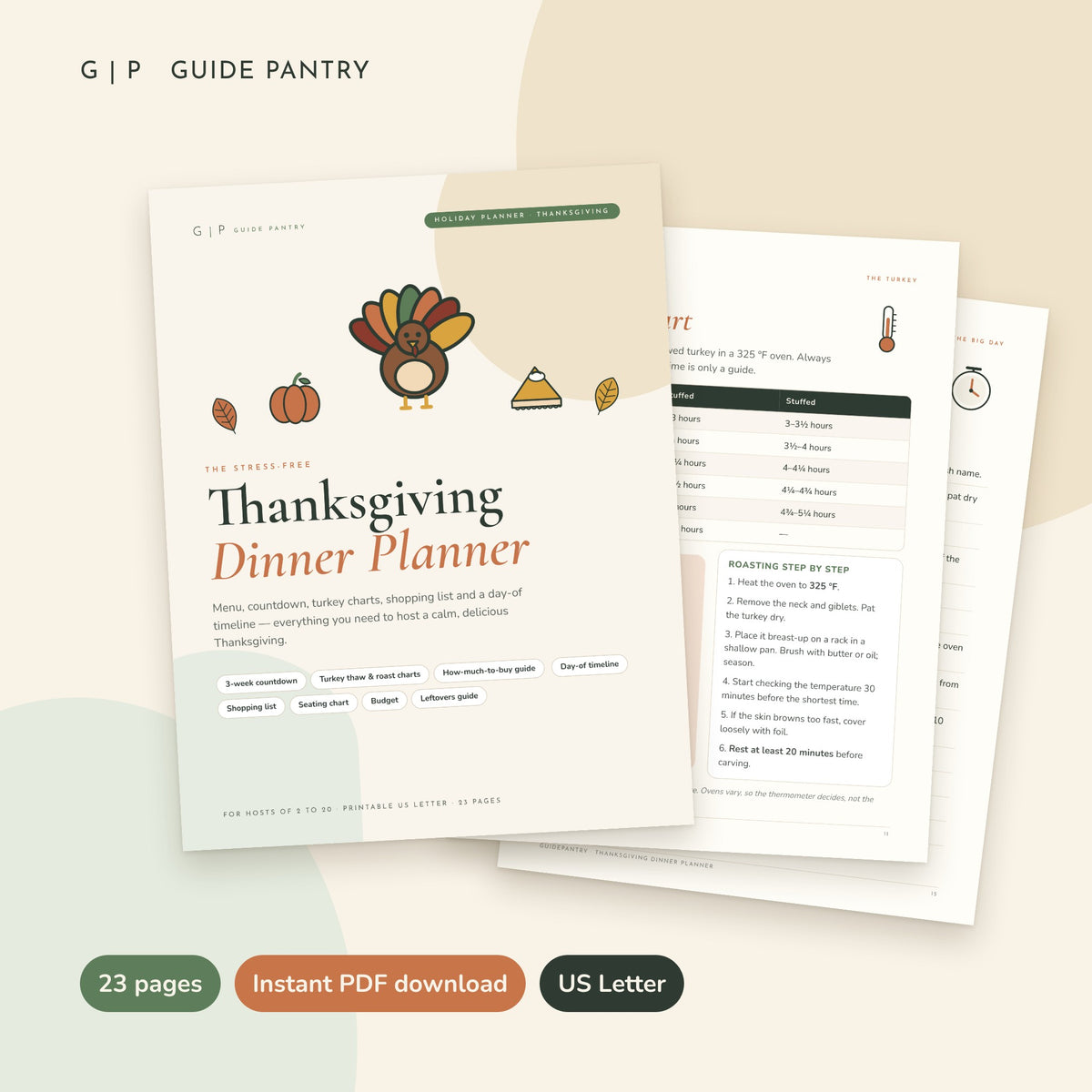 Thanksgiving Dinner Planner printable PDF cover with turkey illustration and roasting chart pages
