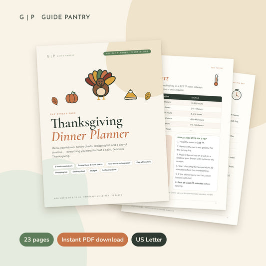 Thanksgiving Dinner Planner printable PDF cover with turkey illustration and roasting chart pages
