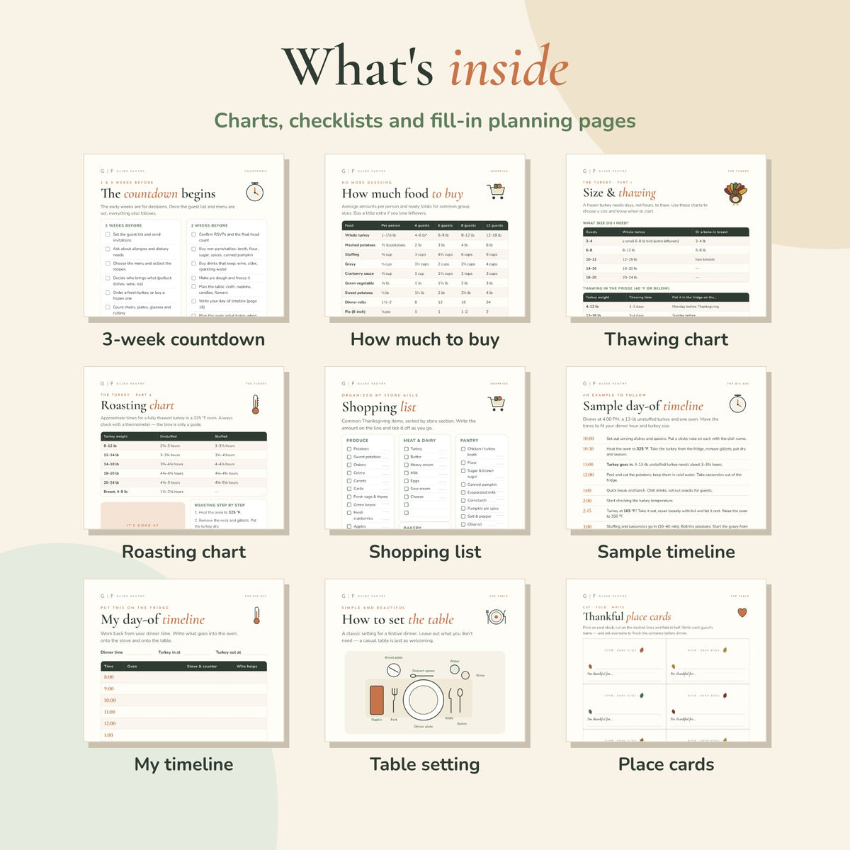 Inside pages of the Thanksgiving planner – countdown, food quantity guide, turkey thawing and roasting charts, shopping list, timeline, table setting and place cards
