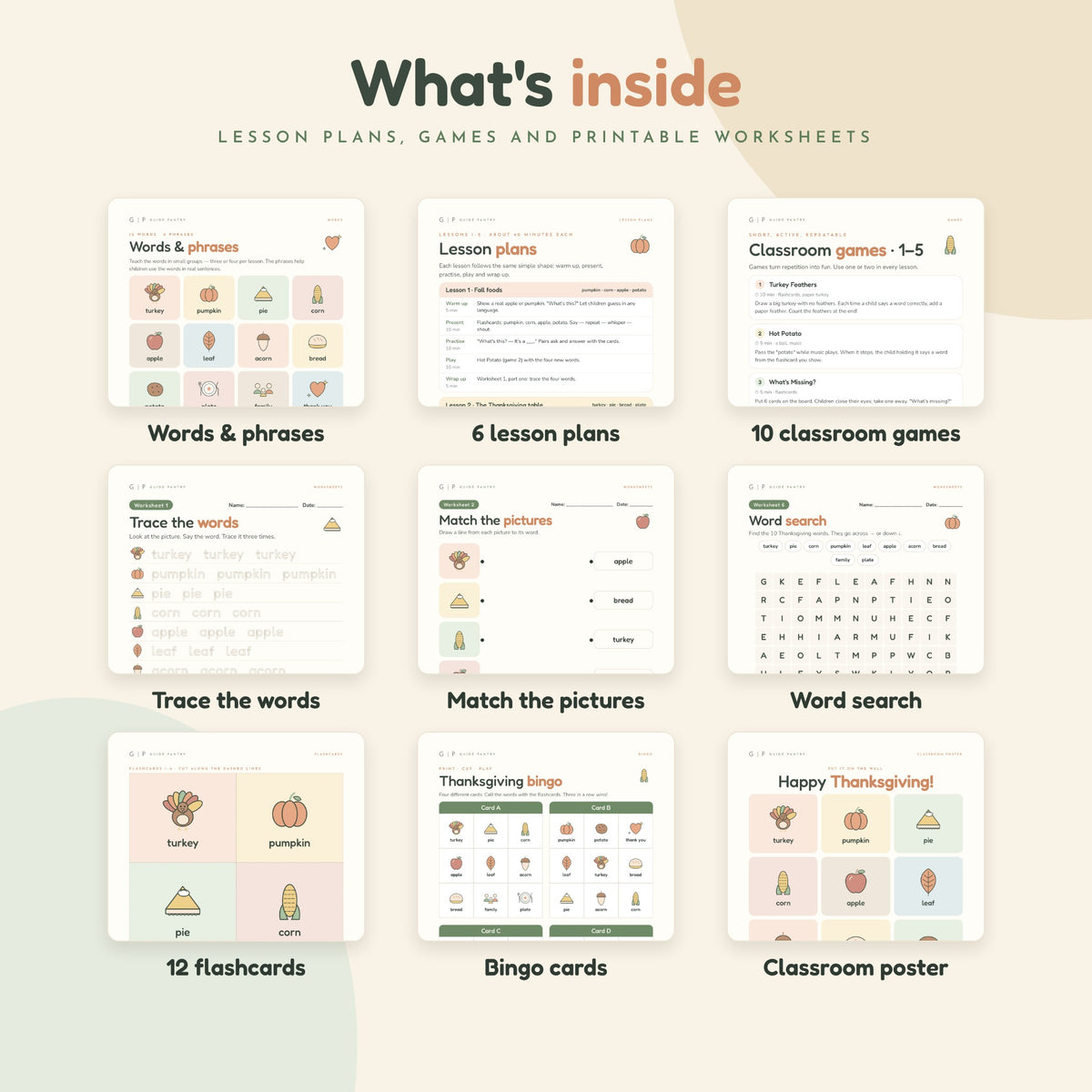 Inside pages of the Thanksgiving ESL guide – vocabulary, lesson plans, games, worksheets, word search, flashcards, bingo cards and classroom poster