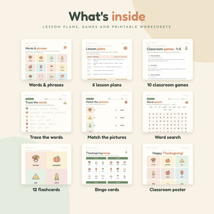 Inside pages of the Thanksgiving ESL guide – vocabulary, lesson plans, games, worksheets, word search, flashcards, bingo cards and classroom poster