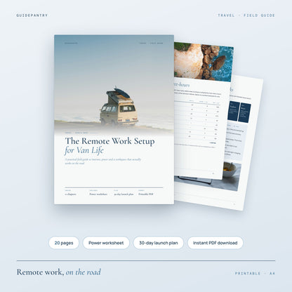 The Remote Work Setup for Van Life printable PDF cover with a campervan on the coast and inside pages
