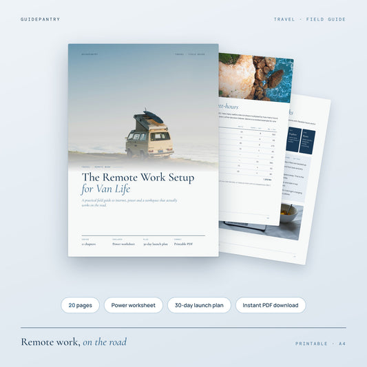 The Remote Work Setup for Van Life printable PDF cover with a campervan on the coast and inside pages
